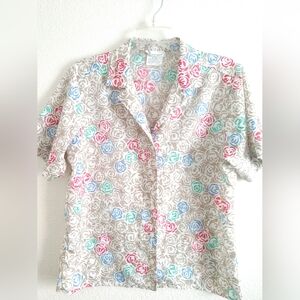 Donnkenny Vintage Floral Blouse Shirt Short Sleeve Beige Red Size 10 Chest 36"